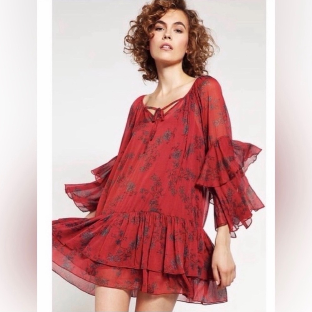 Free People Sunsetter Red Floral Peasant Mini Dress Boho Bell Sleeve